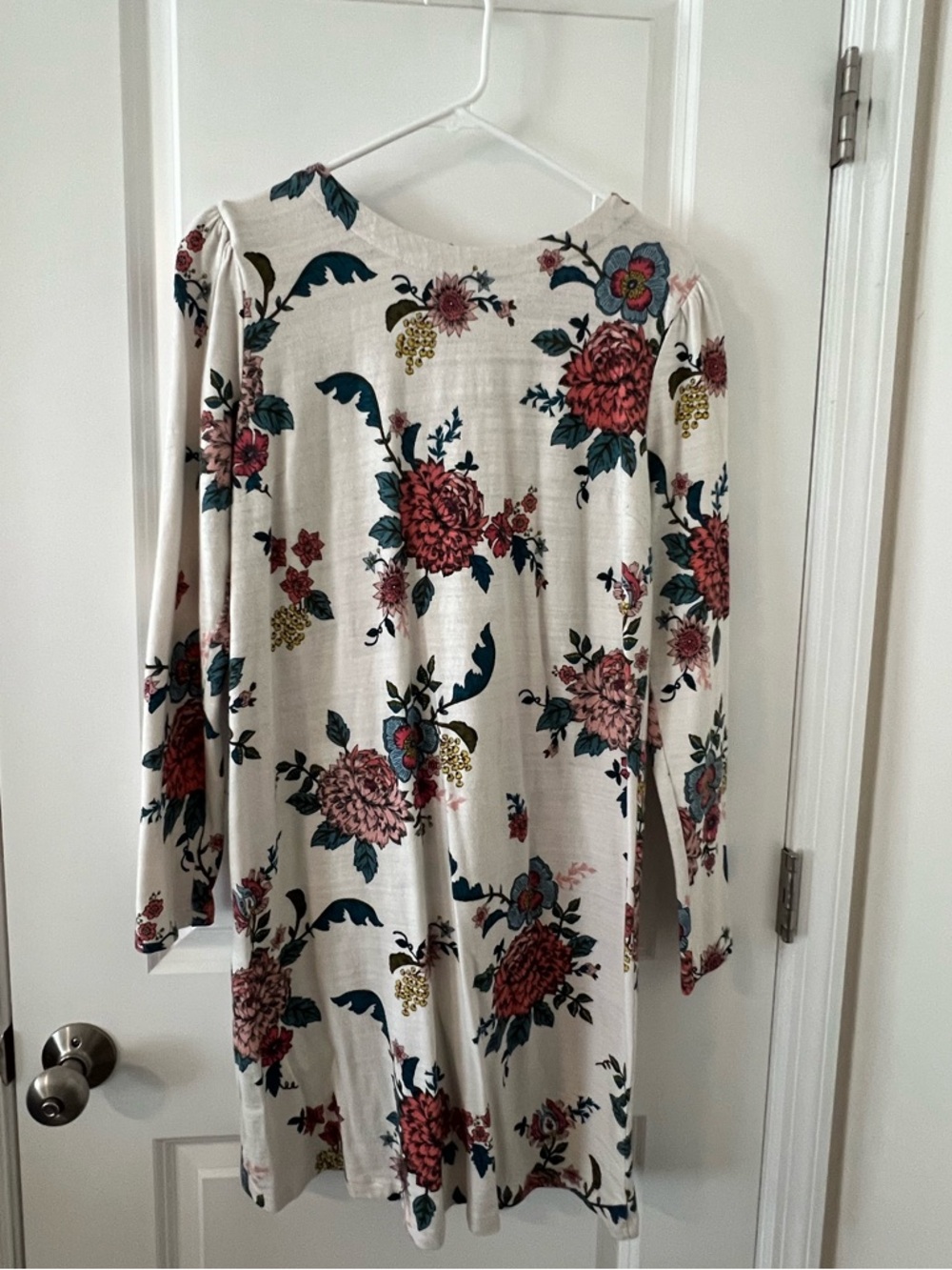 LOFT Cream Long-Sleeve Floral Dress with Pink and Teal Flowers